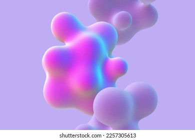 3D abstract liquid bubbles on purple background. Concept of future science: floating morphing spheres, molecular elements or nanoparticles. Fluid pink shapes in motion EPS 10, vector illustration.