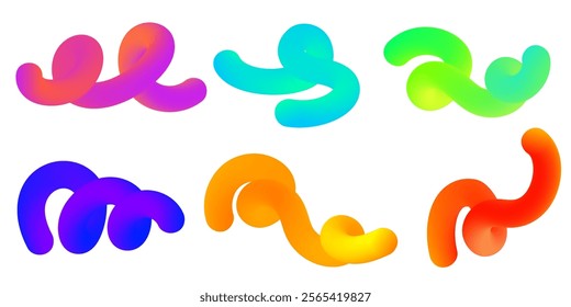 3D abstract liquid shapes with fluid gradient on white background. Colored vector graphic swirl elements set. Spiral curved creative bright objects for trendy poster and banner design