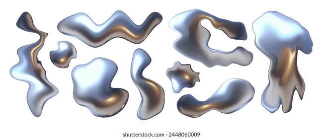 Onda líquida abstracta 3d, conjunto de Elementos de metal cromado. Estilo Y2K. Ilustración vectorial.