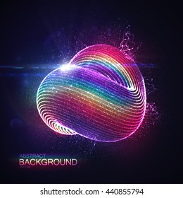 3D abstract loop shape of rainbow illuminated particles with lens flare optical light effect. Futuristic vector illustration. Technology or Physics vector concept
