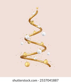 3d Abstract minimal Christmas design, golden metallic cone spiral tree, with realistic holiday baubles round balls. Christmas and New Year background. 3d rendering. Vector illustration