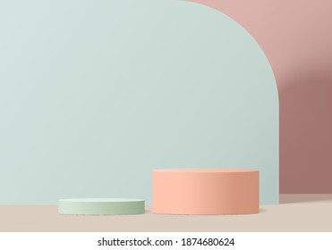 3d abstract minimal scene with geometric podium platform. Summer 3d podium vector rendering background. Stand to show cosmetic products. Stage showcase 3d studio pedestal, green pink pastel colors