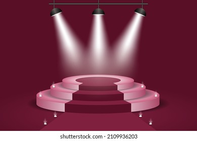 3d abstract minimalist geometric forms. Luxury podium on a red background with a red carpet and three spotlights.Fashion show stage,pedestal, shopfront for display. 