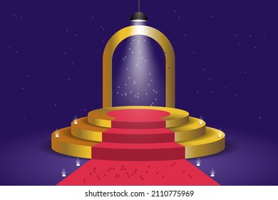 3d abstract minimalist geometric forms. Luxury podium on purple background with red carpet, red carpet and glowing spotlights. Fashion show stage,pedestal, shopfront for display.
