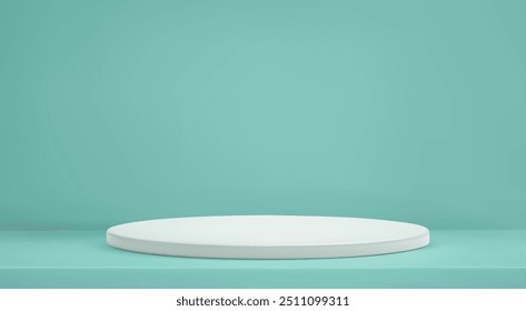 3d abstract mint studio room background. Turquoise empty gradient wall and white podium backdrop. Product minimal interior mockup. Scene for product presentation. Vector illustration.