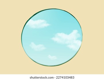 3D abstract mirror with sky reflection isolated on beige background.