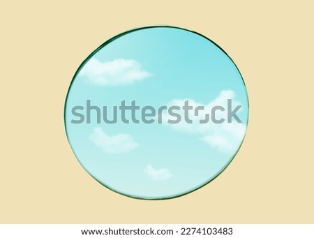 3D abstract mirror with sky reflection isolated on beige background.