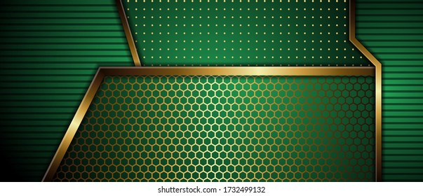 3d abstract modern geometric green gradient background with gold gradient of element design and border. dot, circle, hexagon and horizontal line pattern. Clean trendy design. Blank minimal mockup.