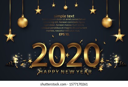 3d abstract modern happy new year 2020 holiday  background with luxury VIP and dark black color with Golden Sparkles glitter and gradient decoration shapes geometric Polished vector , design elements 