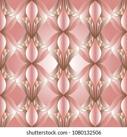 3d abstract modern vector seamless pattern. Pink gold patterned ornamental  amazing background.  Vintage 3d flowers. Beautiful ornaments. Surface ornate texture. Design for Wallpapers, fabric, wedding