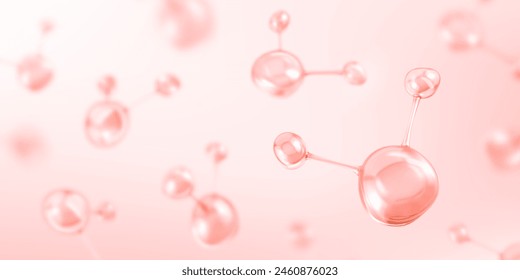 Estructuras moleculares abstractas 3D. Suero de colágeno y soluciones vitamínicas para el cuidado de la piel con ácido hialurónico. Concepto de cosméticos para el cuidado de la piel. Ilustración vectorial