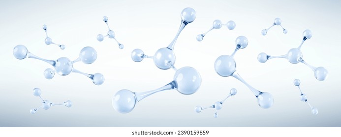 3D abstrakte Moleküle oder Atome auf hellblauem Hintergrund. Konzept der biochemischen, pharmazeutischen, Schönheit, Medizin. Wissenschaft oder medizinischer Hintergrund. Vektorgrafik 3D