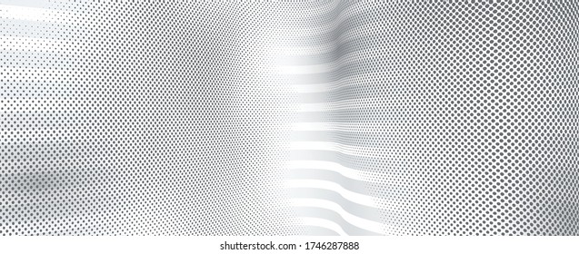 Fondo monocromo abstracto 3D con textura de puntos y diseño vectorial de líneas, tema tecnológico, flujo de puntos dimensionales en perspectiva, grandes datos, nanotecnología.