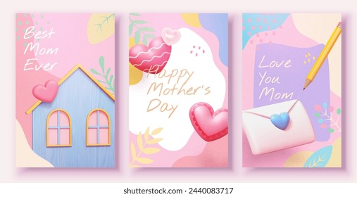 3D Abstract Mothers Day posters with house, heart shape, love letter and pencil mock ups.