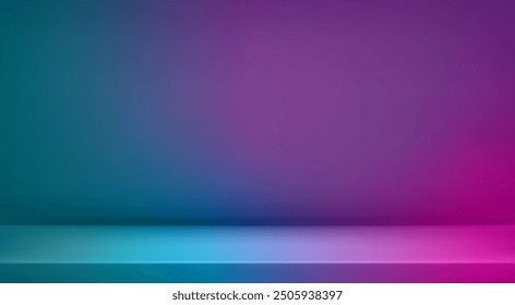 3d abstract neon studio room background. Color gradient empty wall backdrop. Mockup product presentation. Hologram platform. Showcase, promotion display. Vector illustration