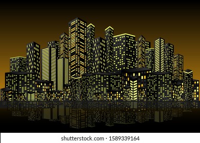 3D Abstract Night City. Modern Cityscape with Skyscrapers. Vector Banner Design Template with city shining lights and water reflection at night.