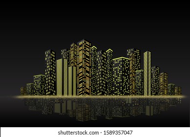 3D Abstract Night City. Modern Cityscape with Skyscrapers. Vector Banner Design Template with city shining lights and water reflection at night. 