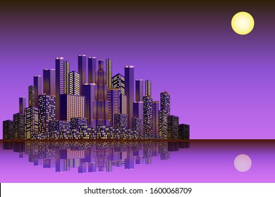 3D Abstract Night City. Modern Cityscape with Skyscrapers. Vector Banner Design Template with city shining lights and water reflection at night for real estate agency or tourist agency.