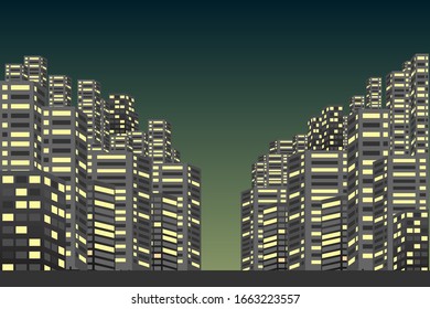 3D Abstract Night City. Modern Cityscape with Skyscrapers. Vector Dramatic Sin City Banner Design Template.