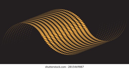 3D abstract orange halftone dotted wave shape, 3D curved dot matrix surface vector isolated on black background.