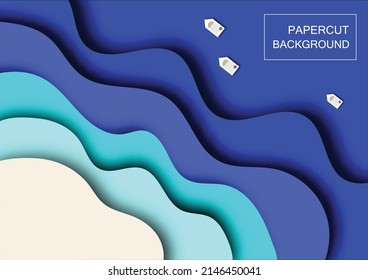 3D abstract paper cut art style design layout for business presentation, flyers, posters, prints and decoration, Blue wave background with paper cut shape, The shore abstract background 