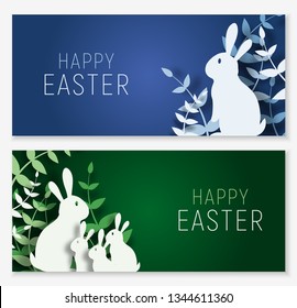 3d abstract paper cut banner of colorful rabbit family, grass, Happy easter greeting card template.