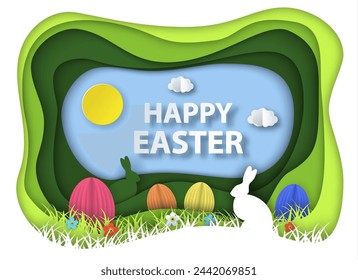 3d abstract paper cut. Happy Easter Paper art background, Spring holiday flyers, banners, posters and templates design. Happy easter greeting card template.