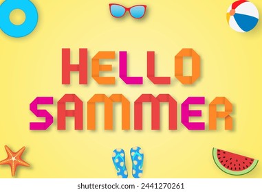 3d abstract paper cut. Hello summer with decoration origami on yellow background. Paper art and craft style. flyers, banners, posters and templates design.