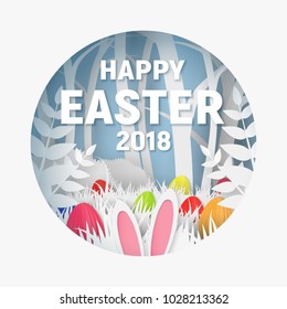3d abstract paper cut illustration of colorful rabbit, grass, flowers and egg hunt. Happy easter greeting card template.