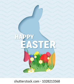 3d abstract paper cut illustration of colorful rabbit, grass, flowers and egg hunt. Happy easter greeting card template.