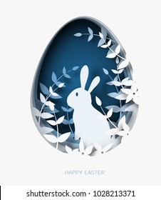 3d abstract paper cut illustration of colorful easter rabbit, grass, flowers and blue egg shape. Happy easter greeting card template.