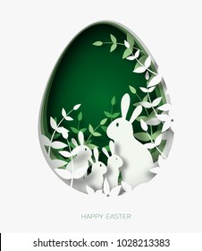 3d abstract paper cut illustration of colorful rabbit family, grass, flowers and green egg shape. Happy easter greeting card template.