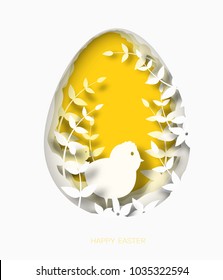 3d abstract paper cut illustration of colorful chicken, grass, flowers and yellow egg shape. Happy easter greeting card template.