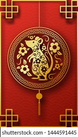 3d abstract paper cut illustration of golden chinese frame, new year rat, leaves, flowers. Layered banner or flyer template in trendy art style.