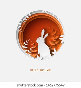 3d abstract paper cut illustration of colorful paper art fall rabbit, grass, flowers, leaves and orange shape. Hello autumn greeting card template in paper art style.
