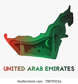 3d abstract paper cut illustration of United Arab Emirates map. Vector travel template in carving art style.