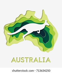 3d abstract paper cut illustration of Australia green and blue map with kangaroo. Vector travel poster or banner template in carving art style.