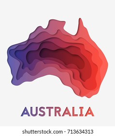 3d abstract paper cut illustration of Australia red and blue map. Vector travel poster or banner template in carving art style.
