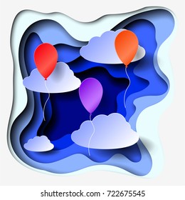3d abstract paper cut illustration of clouds and air balloons. Vector colorful template in carving art style. 