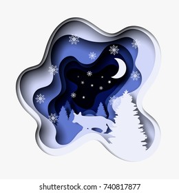 3d abstract paper cut illustration of fox, tree, snow, moon and stars in the night. Vector colorful template in carving art style. Eps10.