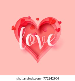 3d abstract paper cut illustration of pink heart shape with love lettering and small hearts. Vector colorful greeting card template in carving art style. 