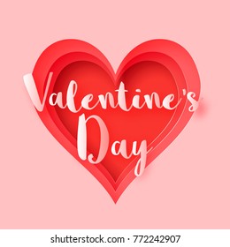 3d abstract paper cut illustration of red heart shape with valentine's day lettering. Vector colorful greeting card template in carving art style. 