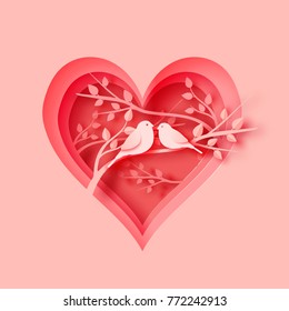 3d abstract paper cut illustration of pink heart shape with bird's couple on the tree. Vector colorful greeting card template in carving art style.