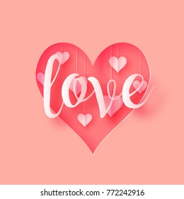 3d abstract paper cut illustration of pink heart shape with love lettering. Vector colorful greeting card template in carving art style.