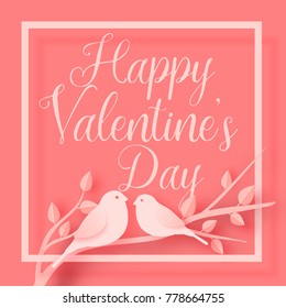 3d abstract paper cut illustration of pink square shape with birds couple on the tree. Vector colorful greeting card template in carving art style. Eps10.