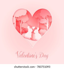 3d abstract paper cut illustration Valentine Day of pink heart shape with rabbit's couple in the forest. Vector colorful greeting card template in carving art style.