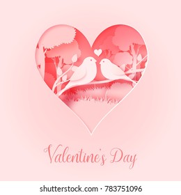 3d abstract paper cut illustration Valentine Day of pink heart shape with bird's couple on the tree. Vector colorful greeting card template in carving art style.