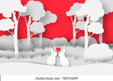 3d abstract paper cut illustration Valentine Day of rectangle shape with rabbit's couple in the forest. Vector colorful greeting card template in carving art style.