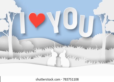 3d abstract paper cut illustration of rabbit couple in the forest. Vector colorful greeting card template in carving art style.