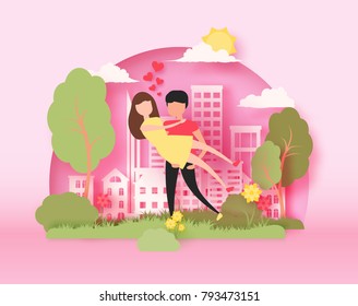 3d abstract paper cut illustration of colorful landscape with couple, big city, trees and sky. 